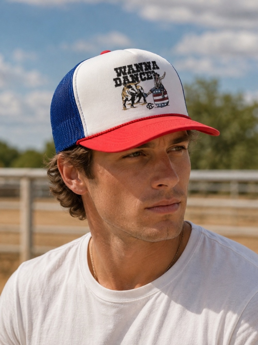 Bucking Chutes Wanna Dance Trucker Hat Red White Blue Snapback NWT